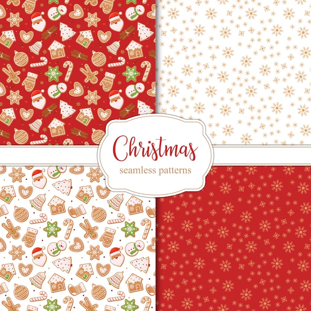 Conjunto de patrones de Navidad sin fisuras con copos de nieve y pan de jengibre diferente. .