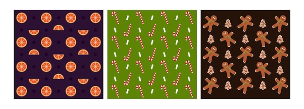 conjunto de patrones navideños con dulces, panes de jengibre, naranjas ilustración vectorial en estilo plano