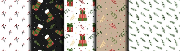 Conjunto con patrones navideños Patrones con calcetines navideños ramas de abeto regalos bayas y confeti Diseño vectorial para celebración de invierno