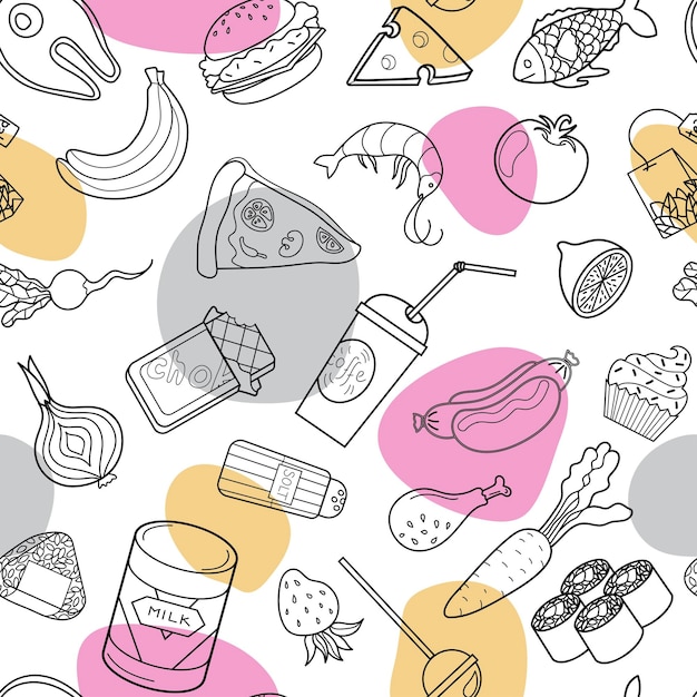 Conjunto de patrones con objetos de comida en la ilustración vectorial Seamless aislado