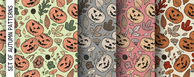 Un conjunto de patrones de otoño con calabazas para Halloween.