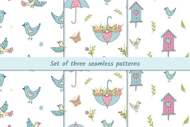 Conjunto de patrones de primavera sin costuras con lindos pájaros, pajarera, paraguas y flores en estilo de dibujos animados.