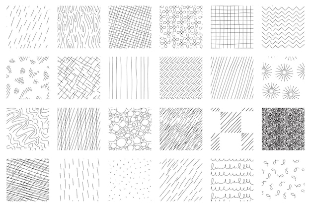 Conjunto de patrones de rayado diferentes texturas sin costuras hechas a mano estilo lápiz dibujado líneas negras sobre fondo blanco ilustración vectorial de stock