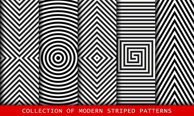 Conjunto de patrones de rayas en blanco y negro, texturas de moda modernas. Colección de líneas vectoriales.