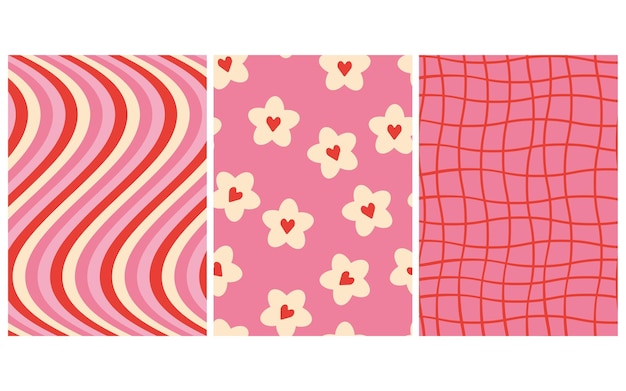 Conjunto de patrones retro rosados sin costuras olas flores margaritas patrón a cuadros
