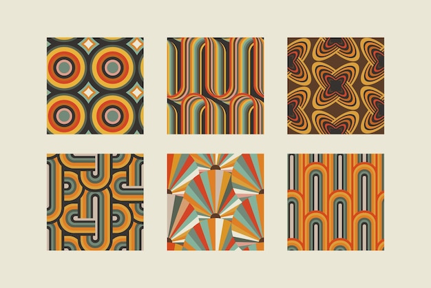 Conjunto de patrones retro vectoriales sin fisuras inspirados en estampados de los años 60 y 70