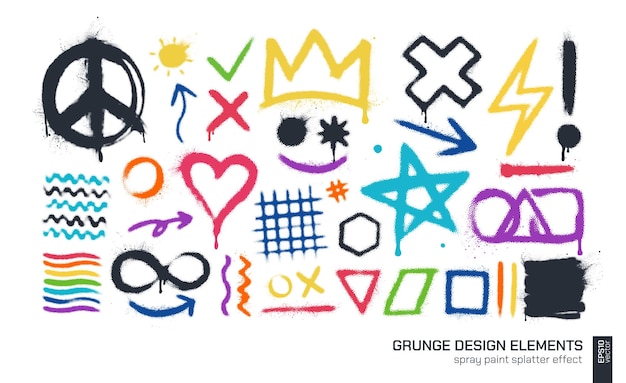 Conjunto de patrones de rociado de graffiti negro Colección de símbolos de trueno de corona de corazón Flecha onda infinita Formas geométricas Círculo triángulo cuadrado elemento de diseño gráfico Concepto de paz