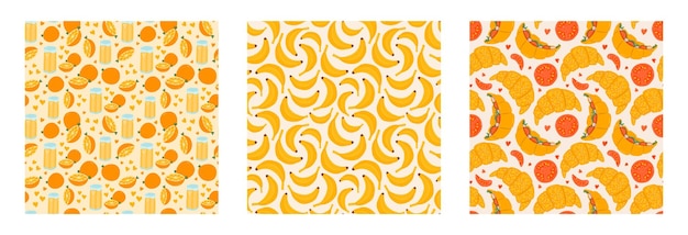 Conjunto de patrones simples sin costuras con garabatos de desayuno Lindo estampado con imágenes prediseñadas dibujadas a mano de comida y bebida de la mañana Lindo estampado de papel tapiz para diseño de tela con diferentes variaciones para la comida