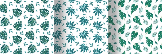 Conjunto de patrones tropicales sin costuras Diseño plano Colección de patrones con hojas tropicales