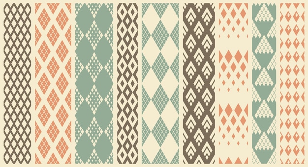 Conjunto de patrones de vectores geométricos sin costuras de rombos, fondo de papel tapiz simple en blanco y negro de rombo, colección de imágenes de diseño de mosaico regular.