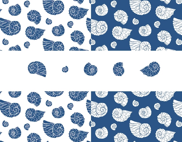 Conjunto de patrones vectoriales sin costuras con conchas de mar azules dibujado a mano boceto vintage de elementos de grabado