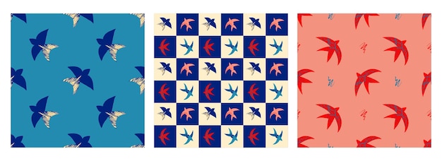 Un conjunto de patrones vectoriales con elementos abstractos brillantes estrellas y pájaros al estilo matisse