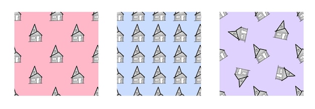 Un conjunto de patrones vectoriales sin fisuras de casas en blanco y negro al estilo de garabatos