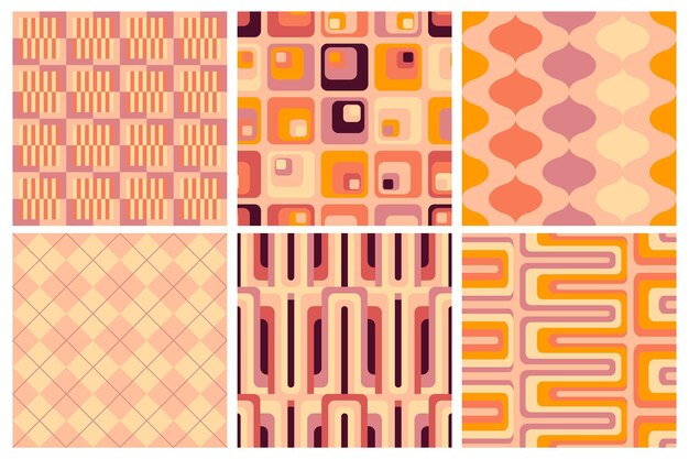 Conjunto de patrones vectoriales geométricos sin costuras vibraciones groovy de los años 70 diseños de patrones psicodélicos disco
