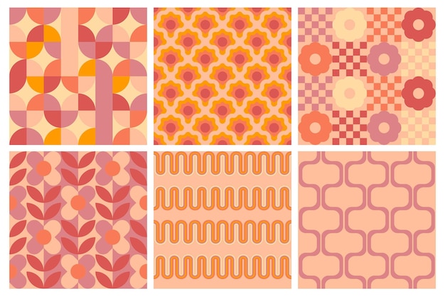 Conjunto de patrones vectoriales geométricos sin costuras vibraciones groovy de los años 70 diseños de patrones psicodélicos disco