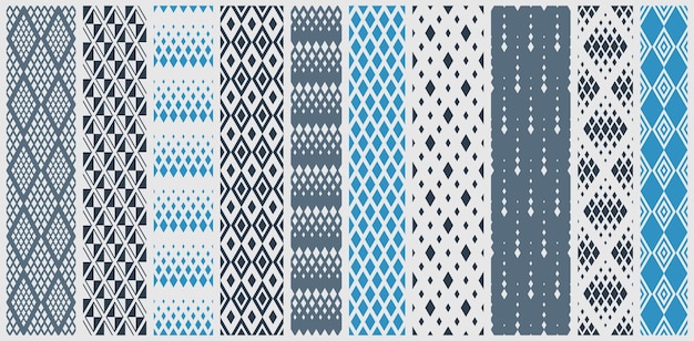 Conjunto de patrones vectoriales geométricos sin fisuras de rombos, fondo de papel tapiz blanco y negro simple de rombos, bordado folclórico étnico o colección de imágenes de estilo alfombra.