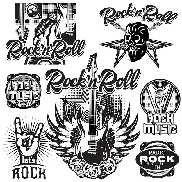 Conjunto de patrones vectoriales monocromáticos sobre el tema de la música rock rock and roll