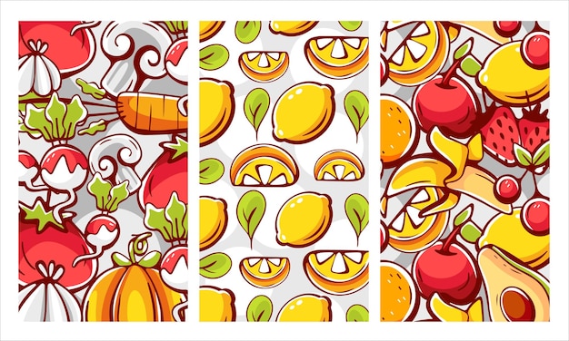 Un conjunto de patrones vectoriales sobre el tema de las verduras calabaza zanahoria rábano limón naranja plátano