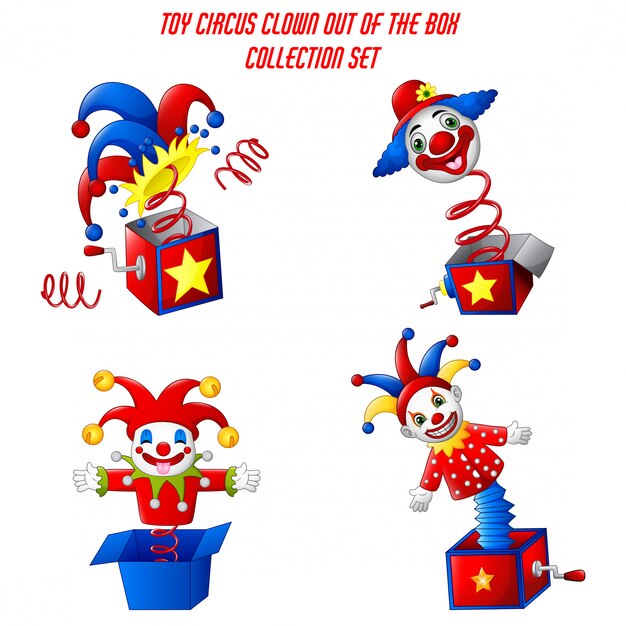Conjunto de payaso de circo de juguete fuera de una caja