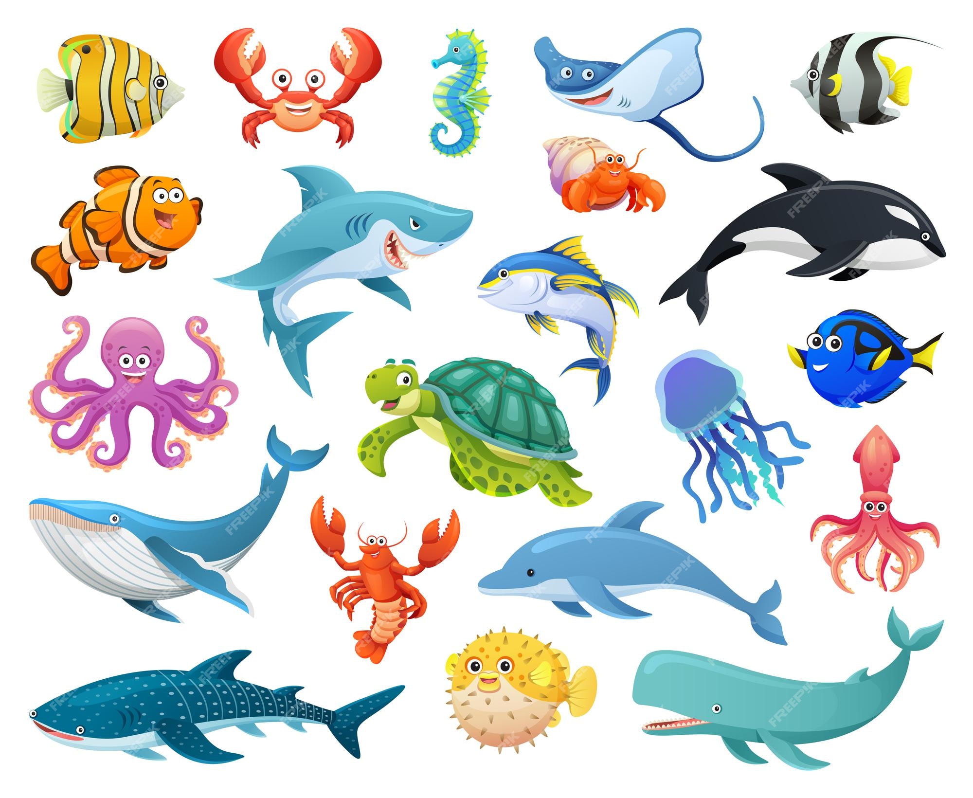 Conjunto de peces y animales marinos en estilo de dibujos animados | Vector Premium Conjunto de peces y animales marinos en estilo de dibujos animados | Vector Premium