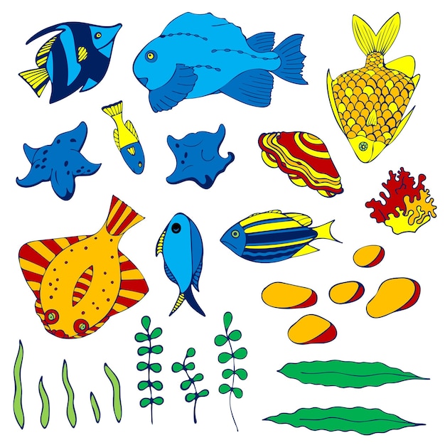 Vector conjunto de peces de colores aislados, conchas, estrellas de mar, medusas y corales sobre fondo blanco.