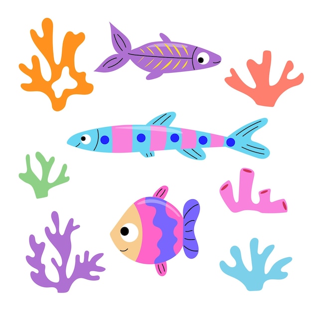 Conjunto de peces y corales tropicales