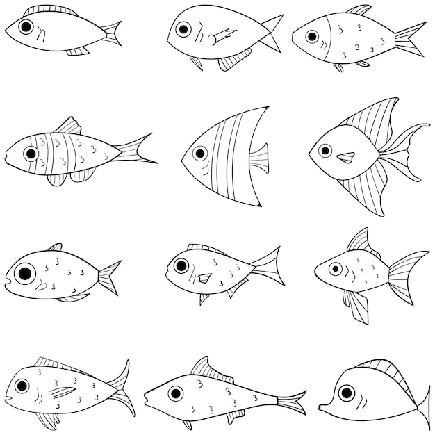 Conjunto de peces de dibujos animados. Peces planos modernos, peces aislados. Pescado de diseño plano. ilustración vectorial