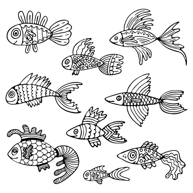 Conjunto de peces Doodle Ilustración gráfica dibujada a mano