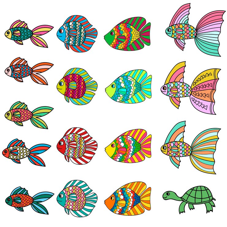 Vector conjunto de peces de garabato de dibujos animados lindo colorido icono de peces y tortugas de acuario tropical de línea delgada dibujada a mano