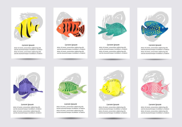 Conjunto de peces tropicales de acuarela Colección de plantillas de tarjetas para diseño Ilustración vectorial