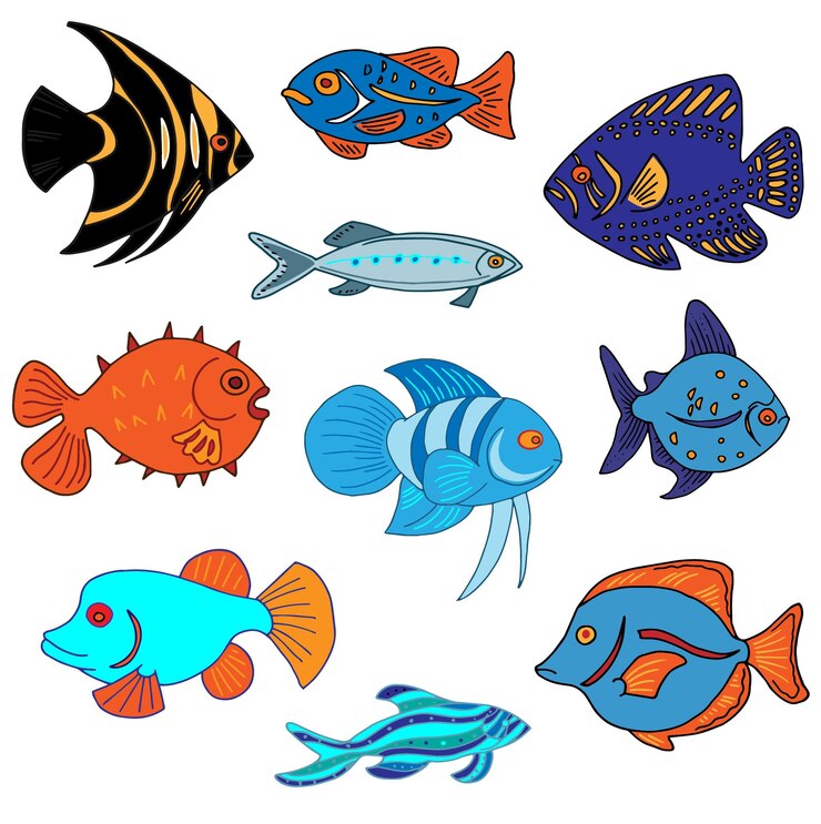 conjunto de peces tropicales marinos, peces de acuario, peces de aguas profundas, costa