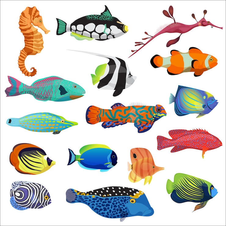 Vector conjunto de peces tropicales