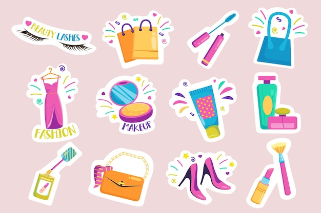 Conjunto de pegatinas de accesorios de mujer paquete de pestañas de belleza bolsas de compras cosméticos moda ropa y zapatos maquillaje y otra insignia ilustración vectorial con material impreso aislado en diseño plano