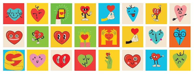 Conjunto de pegatinas de amor hippie Groovy Corazón personaje de dibujos animados divertido