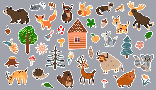Conjunto de pegatinas de animales del bosque Estilo dibujado Animales salvajes