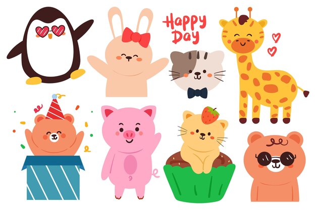 conjunto de pegatinas de animales lindos de dibujos animados de dibujo a mano