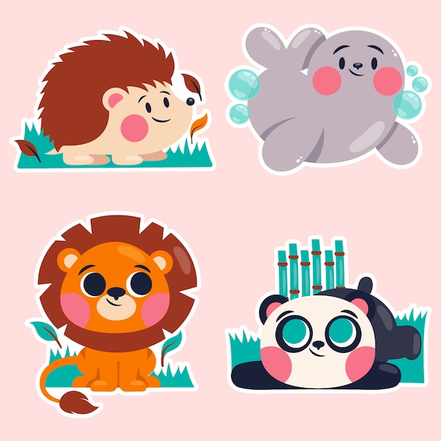 Vector conjunto de pegatinas de animales salvajes infantiles.