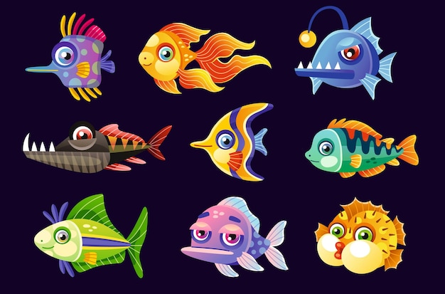 Vector conjunto de pegatinas de animales submarinos con peces y fabulosas criaturas oceánicas pez dorado pez monje fugu