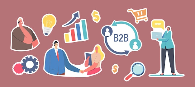 Conjunto de pegatinas B2B, colaboración de colaboración de empresa a empresa. Personajes de empresario y empresaria estrecharme la mano, bombilla, lupa o gráfico en crecimiento. Ilustración de Vector de gente de dibujos animados