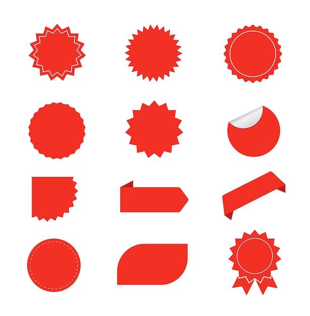 Conjunto de pegatinas en blanco rojo Starburst Etiquetas de insignias Sunburst
