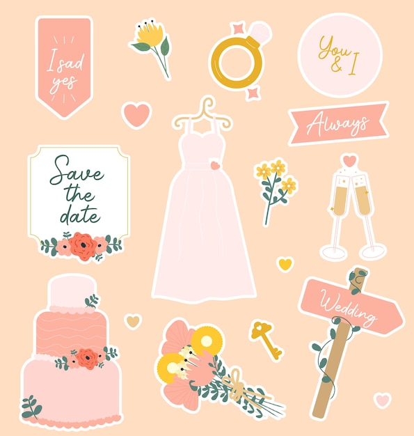 Vector conjunto de pegatinas de boda