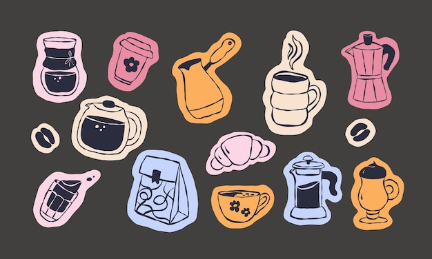 Conjunto de pegatinas de café dibujadas a mano