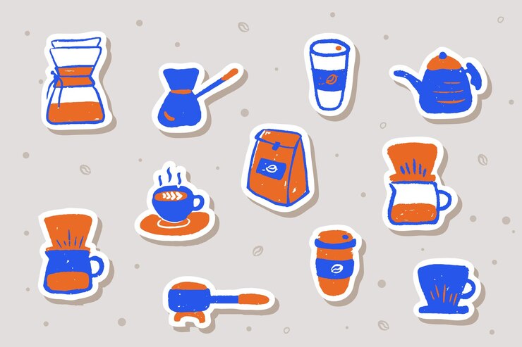 Conjunto de pegatinas de café con tema retro Estilizado dibujado a mano Ilustración vectorial