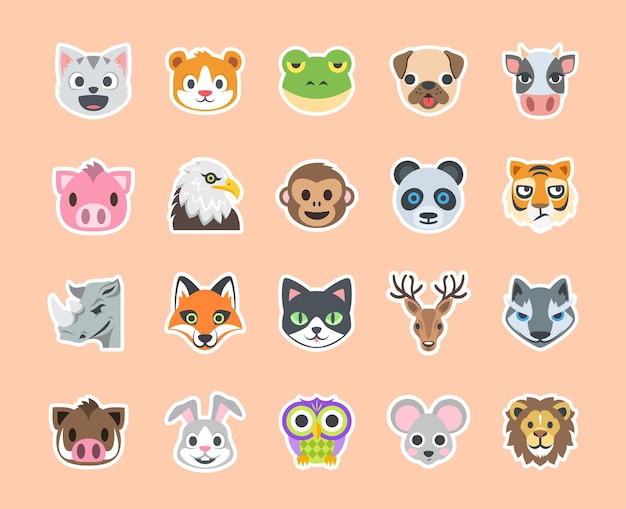 Conjunto de pegatinas con caras de animales lindos