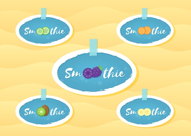 Conjunto de pegatinas de cóctel de batido de frutas y berrie ilustración vectorial batido de signo sobre fondo azul