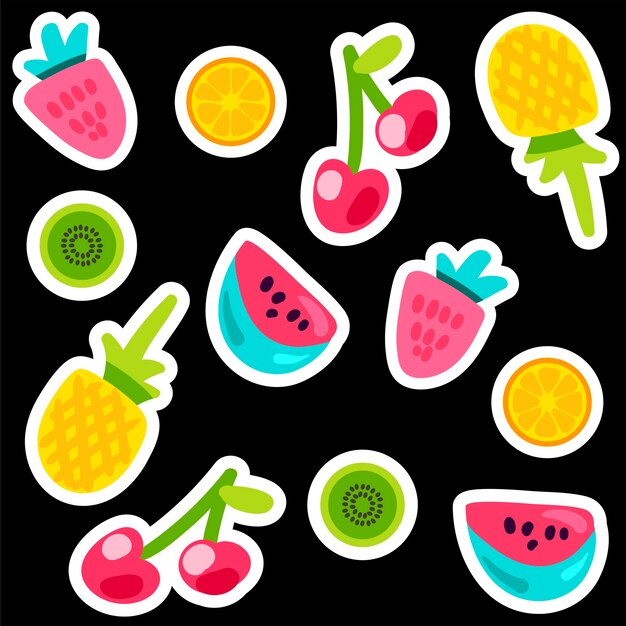 Conjunto de pegatinas de colores de doodle de frutas