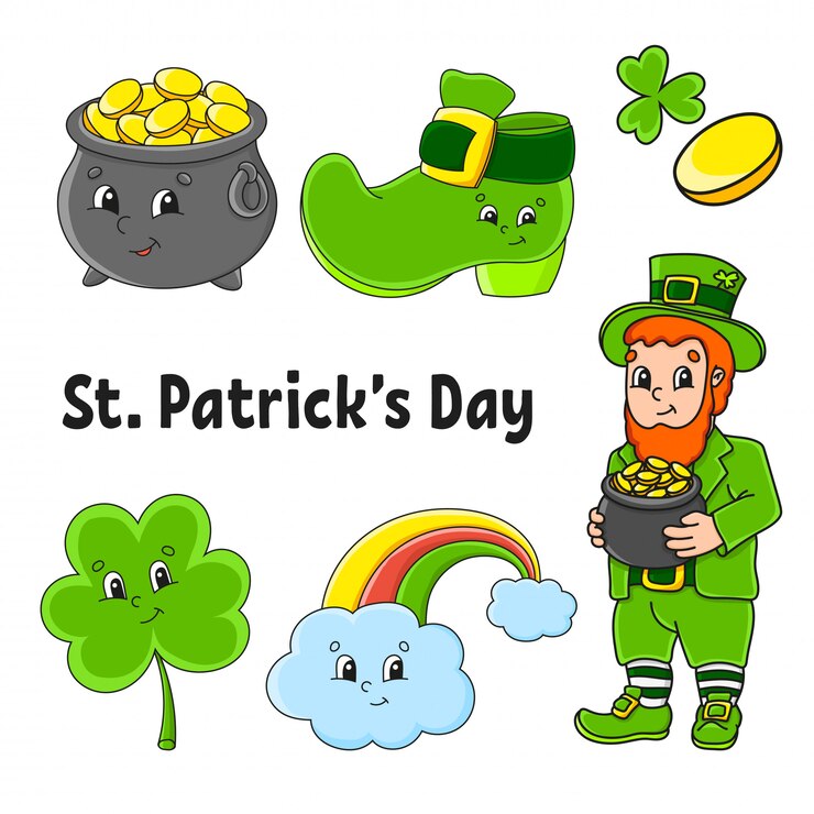 Vector conjunto de pegatinas de colores para niños. duende con una olla de oro, bota, moneda de oro, trébol, arco iris mágico. día de san patricio.