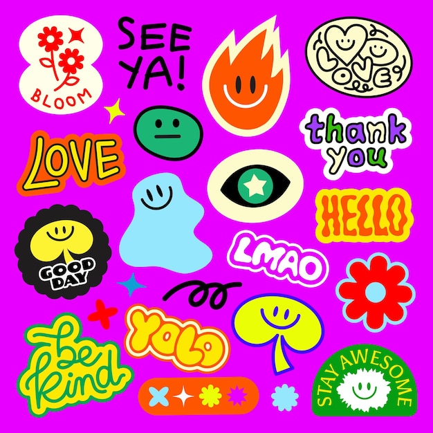 Conjunto de pegatinas coloridas con frases como 39love39 39hello39 39thank you39 Características caras sonrientes flores y formas abstractas Diseño brillante, lúdico y divertido Conjunto vectorial de pegatillas funky