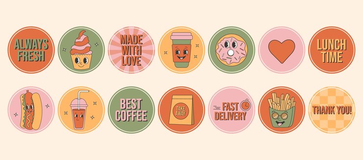 Vector conjunto de pegatinas de comida rápida de dibujos animados etiquetas y eslóganes para cafetería de restauración y entrega