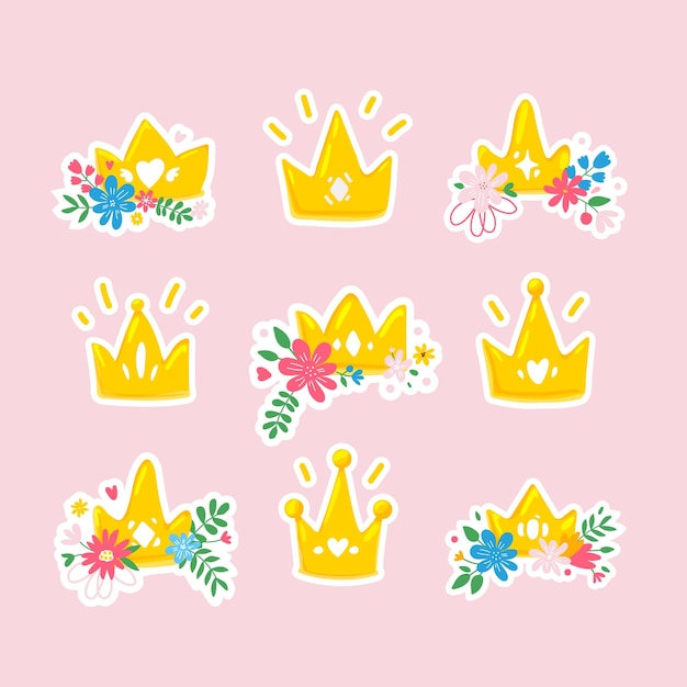 Vector conjunto de pegatinas con coronas de dibujos animados y flores sobre fondo rosa insignia vectorial